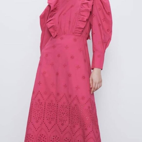 Zara Pink Eyelet Embroidered Midi Dress, Size Small NEW WITH TAG! - Picture 8 of 15